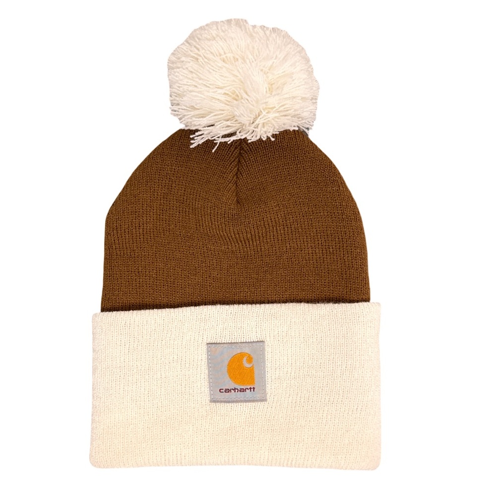 Carhartt Knit Pom Cuffed Tan and Cream Beanie Hat Women’s OS